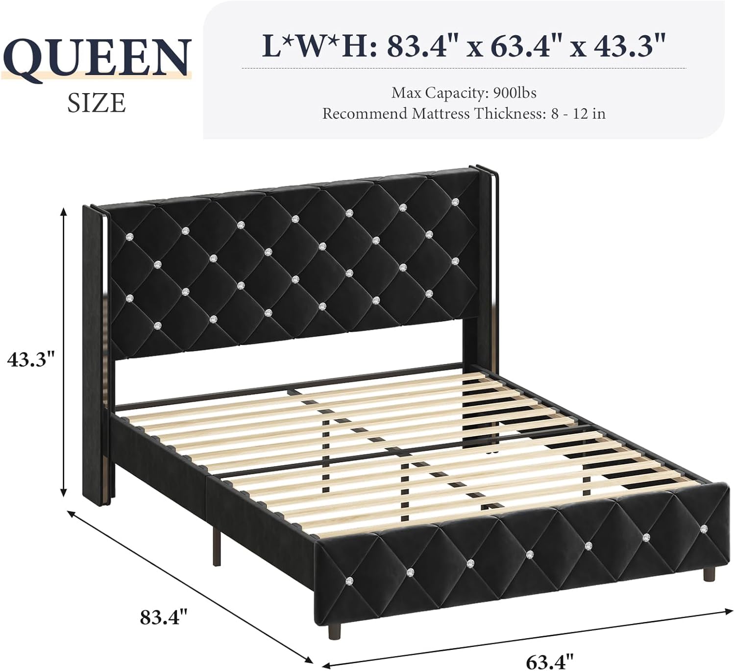 Lullabyre Queen Size Bed Frame, Upholstered Bed Frame with Diamond Tufted Headboard, Modern Silverside Wingback, No Box Spring Needed, Easy Assembly, Black