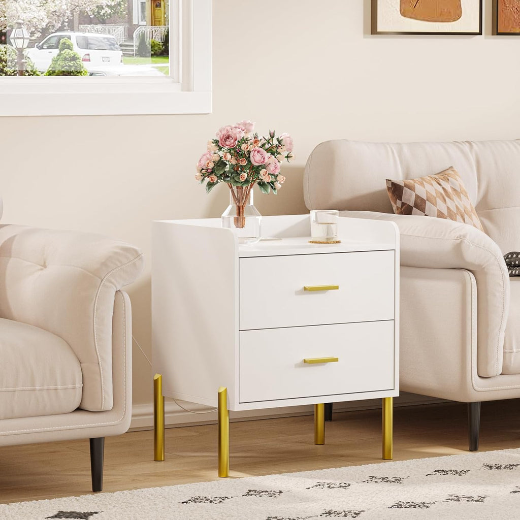 Vabches Nightstand Set of 2 with Built-in Charging Station, White Mid Century Modern Nightstand for Bedroom, Stylish End Tables for Lamps, Books