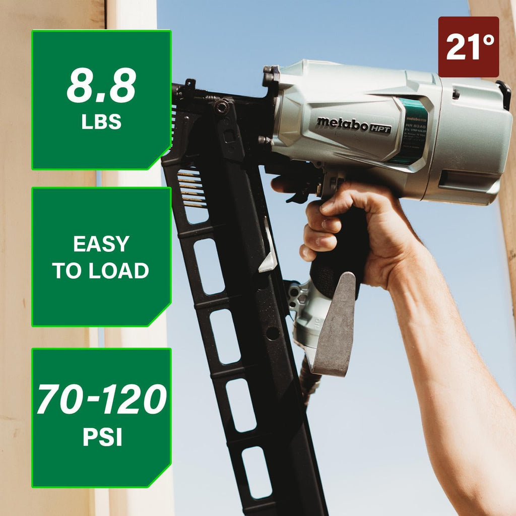 Metabo HPT Framing Nailer, Pro-Preferred Pneumatic Power Nailer & Framing Tool For Flooring, Roof Decking & More, Rapid Response Cylinder Valve, 21° 2' to 3-1/4' Plastic Collated Nails, NR83A5(S)
