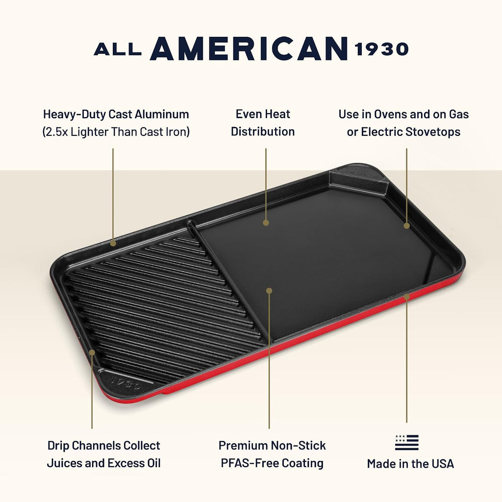 All American 1930 - Ultimate 60/40 Griddle with Ceramic Non-Stick Coating - Tomato Red - Durable & PFAS Free - Indoor Griddle for Easy Prep, Cooking, & Cleaning - Made in the USA