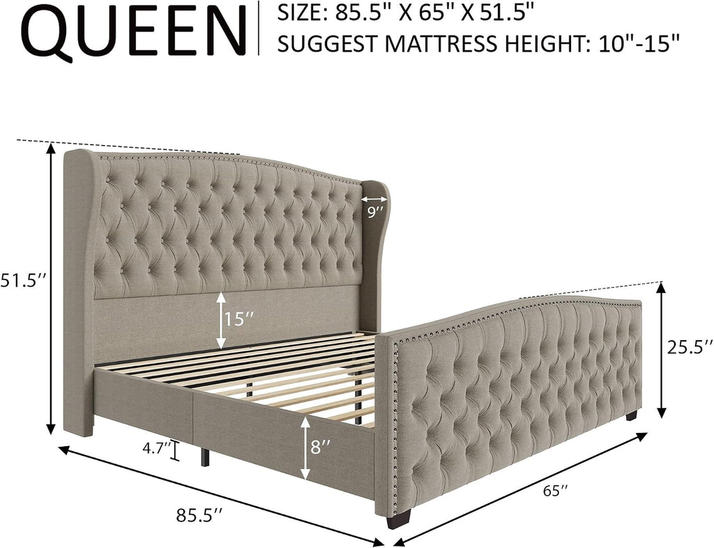 AMERLIFE Queen Size Platform Bed Frame, Linen Upholstered Bed with Deep Button Tufted & Nailhead Trim Wingback Headboard/No Box Spring Needed/Beige