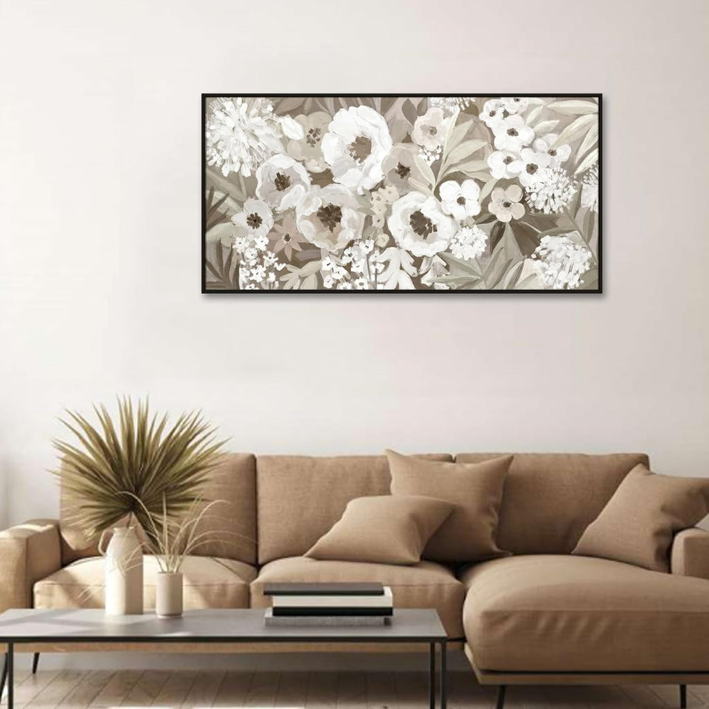 Framed Floral Canvas Wall Art, Gray and White Flowers Artwork For Living Room Bedroom Office Decor, 24 x 48 Inch