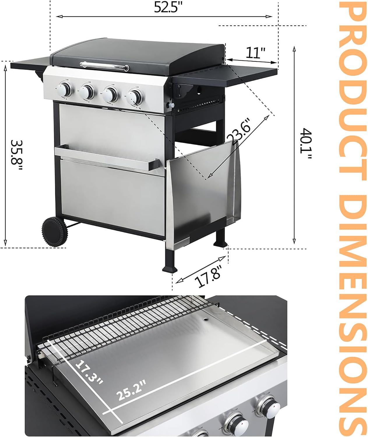 4-Burner Propane Gas BBQ Grill with Plate, 49200 BTU 2 in 1 Propane Griddle Grill Combo with 2 Foldable Side Table for Outdoor Cooking Camping Patio Backyard (4 burner +griddle)