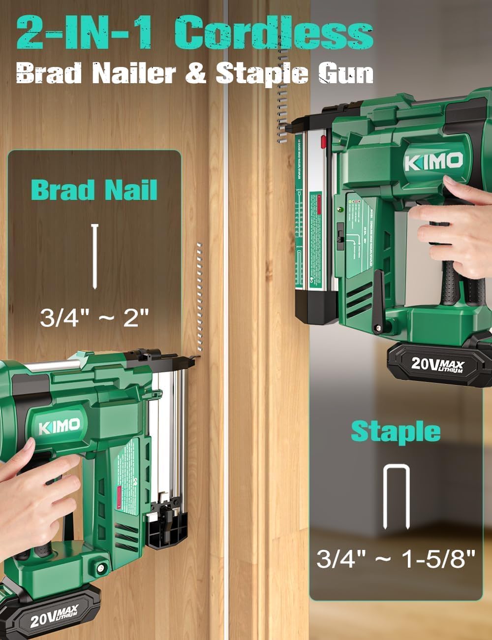 KIMO 2' Brad Nailer Cordless 18 Gauge w/ 20V Battery 2.0Ah X 2, 1000pcs Nails and Staples,180 Nails/min, 2 Firing Modes, Adjustable Nailing Depth, 2 in 1 Cordless Nail Gun and Stapler for DIY Project