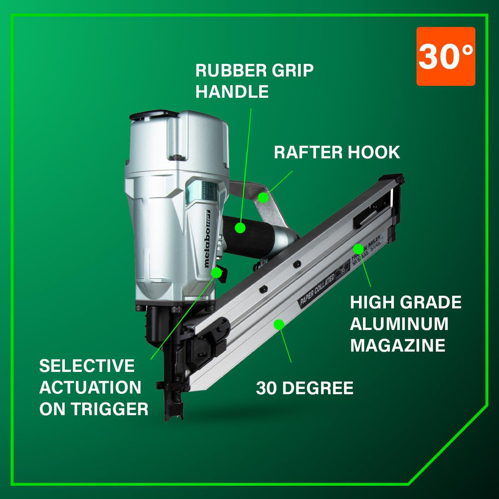 Metabo HPT Framing Nailer, Pro-Preferred Pneumatic Power Nailers in Framing Tools, Rapid Response Power Tool for Floor, Wall, & Roof Decking, Lightweight, 30° 3-1/4' Paper Collated Nails, NR83AA5