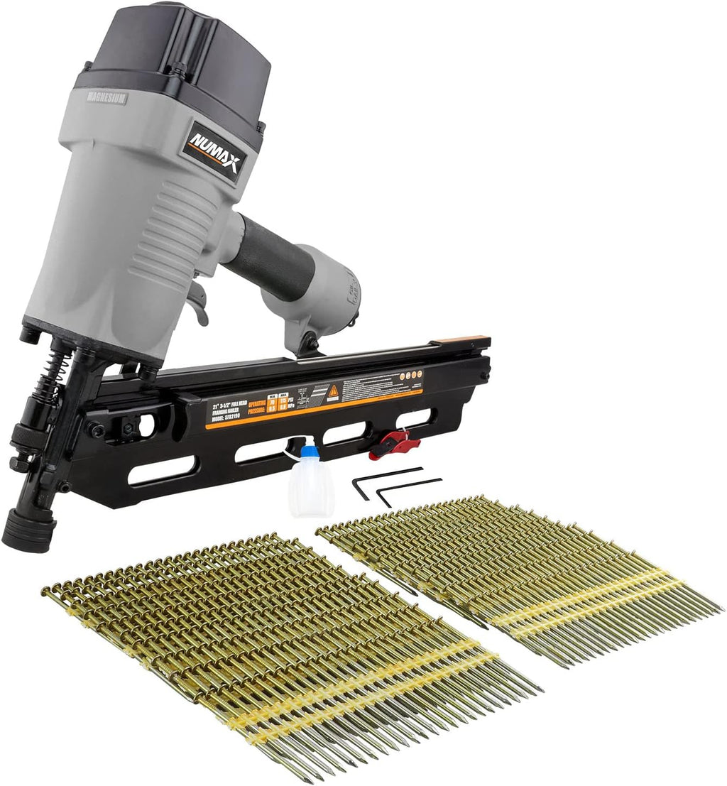NuMax SFR2190WN Pneumatic 21 Degree 3-1/2' Full Round Head Framing Nailer with Nails (500 Count)