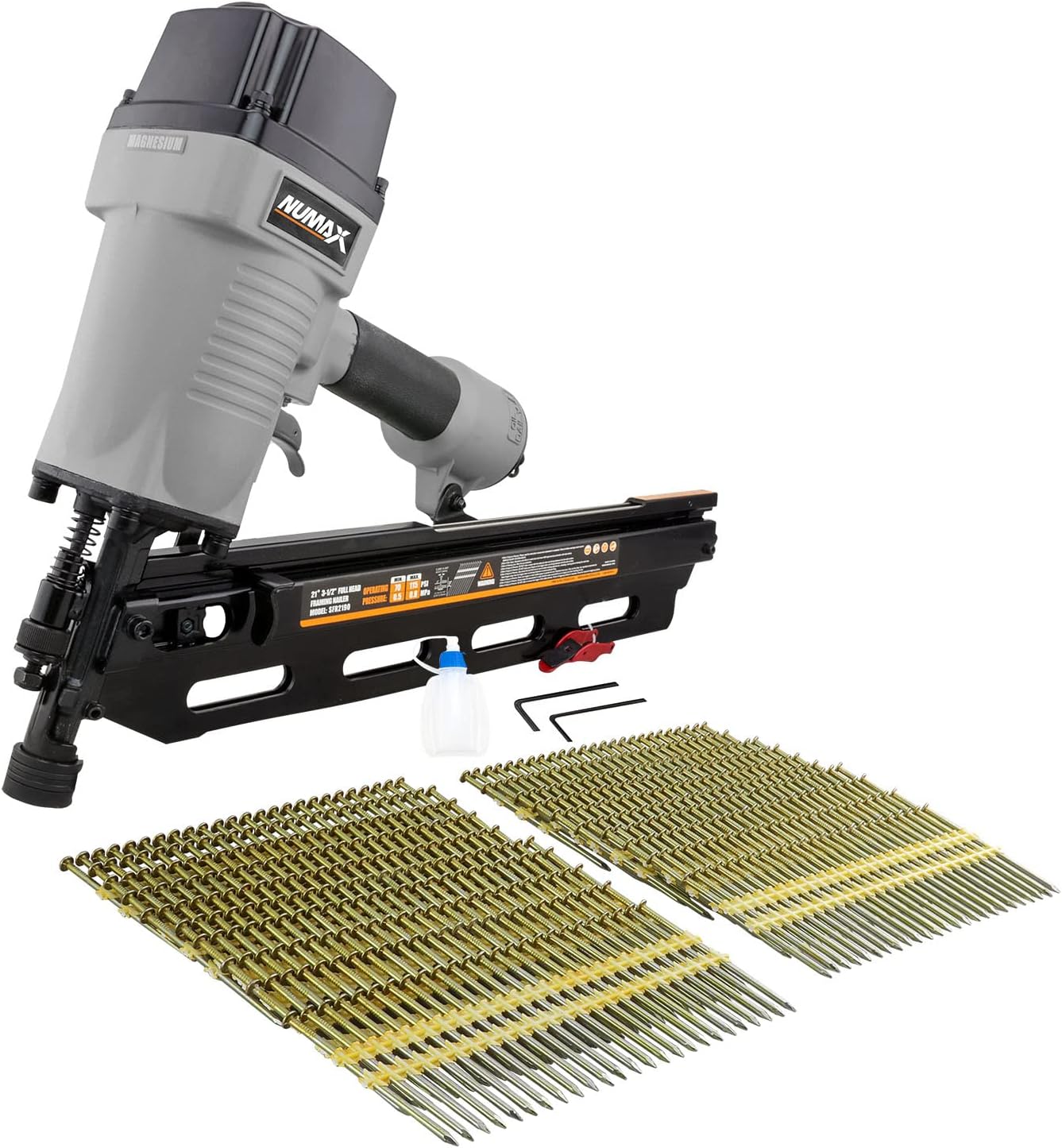 NuMax SFR2190WN Pneumatic 21 Degree 3-1/2' Full Round Head Framing Nailer with Nails (500 Count)