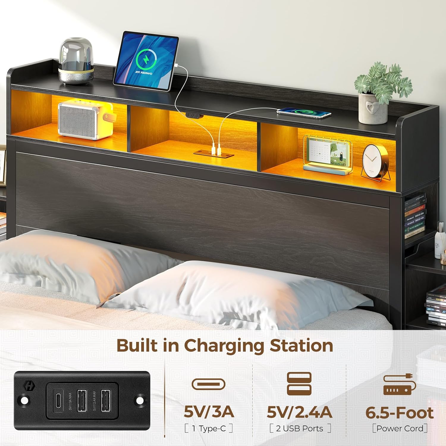 Rolanstar Full Size Bed Frame with Bookcase Storage Headboard, Slide Out Bedside Storage, Bed with Charging Station & LED Lights, Heavy Duty Metal Slats, No Box Spring Needed, Noise Free, Black