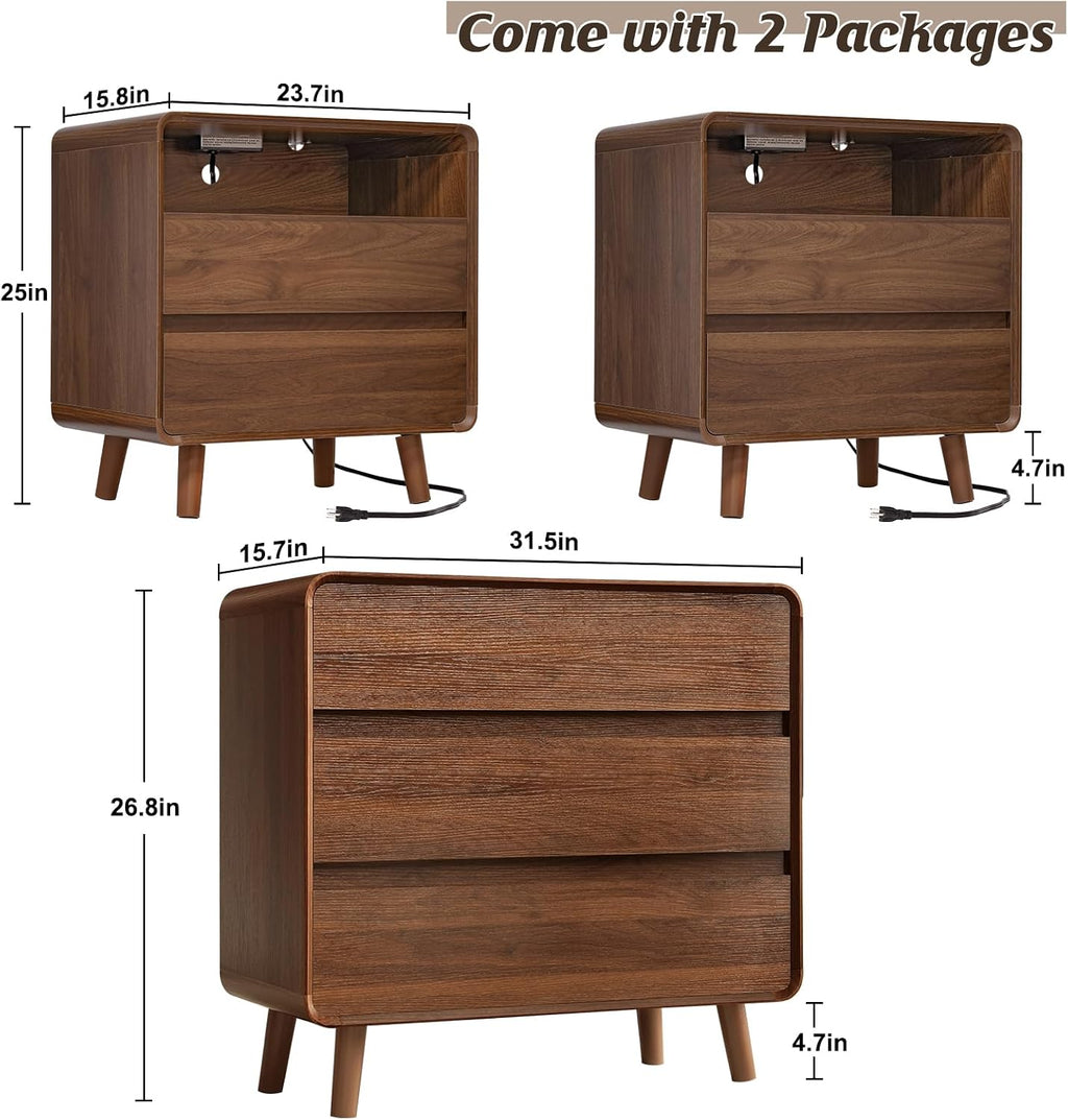 Nasonet Mid Century Modern Dresser and Nightstand Sets 3 Piece, Wooden 3 Drawer Dresser and 3 Drawer Nightstands Sets of 2, Walnut Bedroom Furniture Set