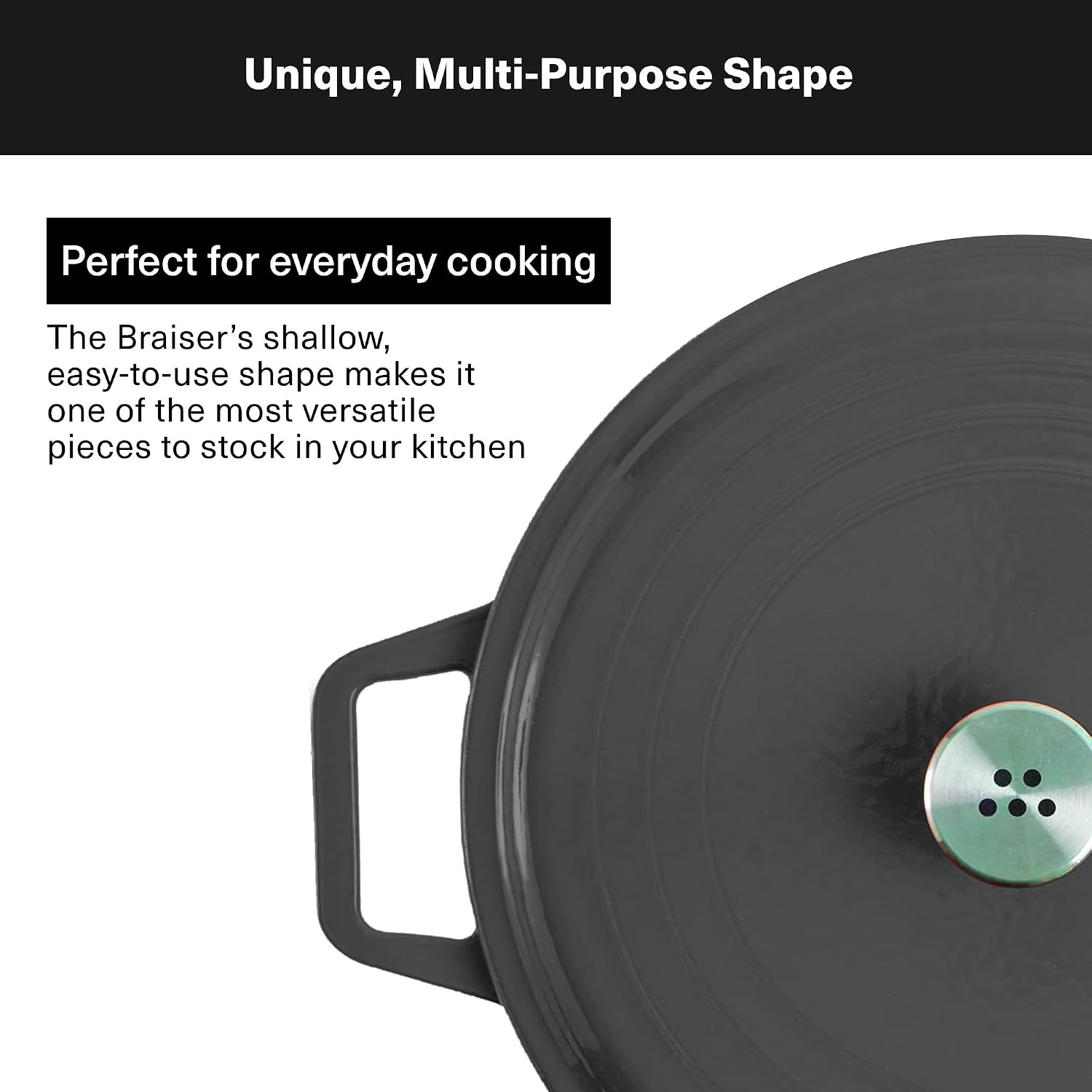 Misen 5.5 QT Braiser – Enameled Cast Iron Pan for Searing, Braising & Slow Cooking – No-Chip Enamel Coating – Extra-Wide Handles – Superior Heat Retention & Even Cooking - Black