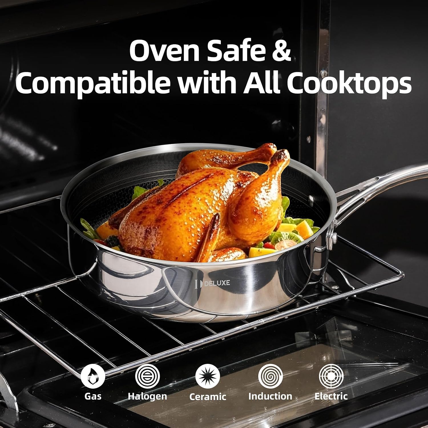 DELUXE Hybrid Ceramic Nonstick 5 Qt Deep Sauté Pan with Lid, Stainless Steel Skillet with Stay-Cool Handles, Dishwasher and Oven-Safe, PFOA Free Deep Frying Pan, Compatible with All Cooktops