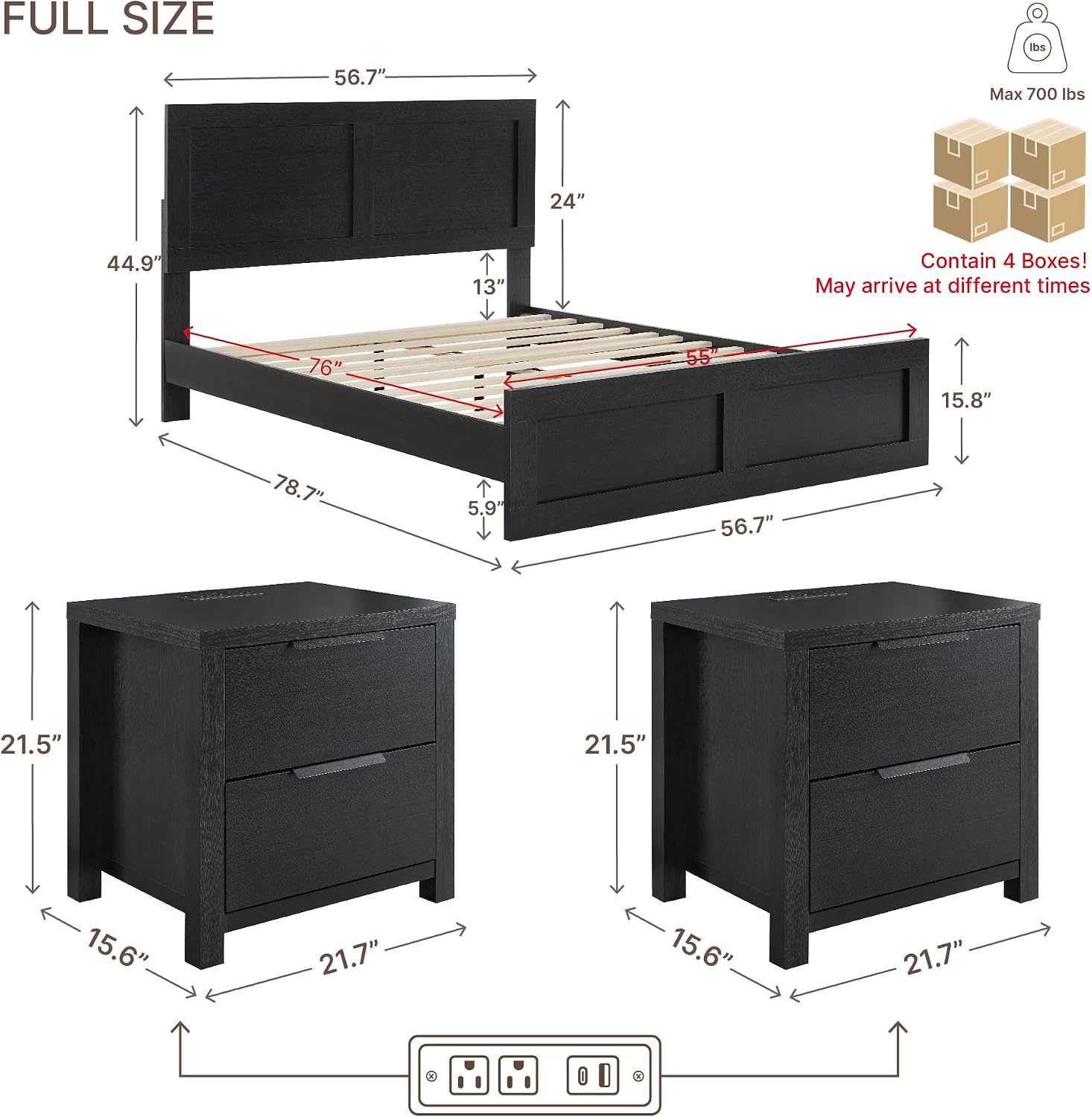 KISLOT 3 Pieces Bedroom Set, Full Size Wood Platform Bed Frame and 2 Nightstands, Storage Nightstand with Type-C Charging Port, Farmhouse Bedroom Furniture Set