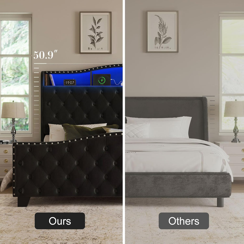 Belffin Queen Size Bed Frame and Headboard, 50.9' Velvet Upholstered Wingback Bedframe with LED Lights & Storage/Charging Station, Button Tufted Tall Footboard, No Box Spring Needed, Noise-Free, Black