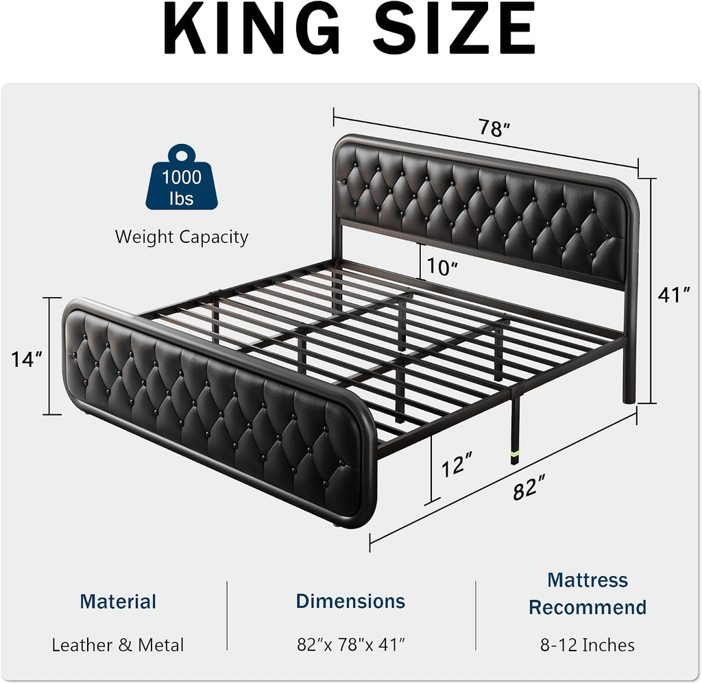 GalnFu King Metal Bed Frame, Upholstered Bed with Leather Button-Tufted Headboard & Footboard, Heavy-Duty U-Shape Platform Bed, Easy Assembly, Black