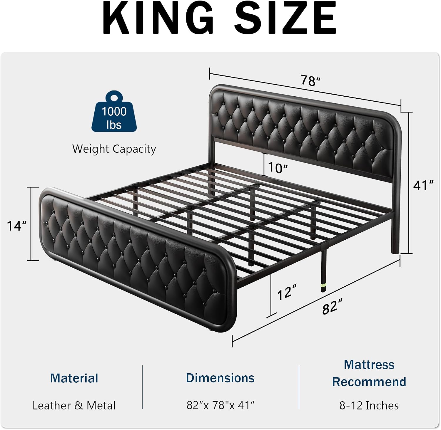 GalnFu King Metal Bed Frame, Upholstered Bed with Leather Button-Tufted Headboard & Footboard, Heavy-Duty U-Shape Platform Bed, Easy Assembly, Black