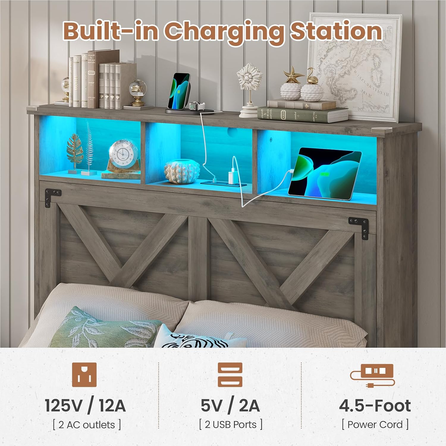 Hasuit Farmhouse Bed Frame Twin Size with Storage Headboard, Charging Station and LED Light, Wooden Twin Bed Frame with Storage Ottoman, Barn Door Design, No Box Spring Needed, No Noise (Oak Grey)