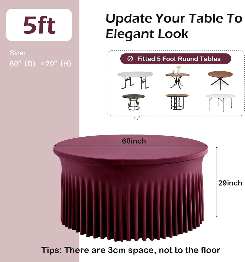 6 pk Burgundy Round Spandex Tablecloths 60 in with Ruffled Skirt,Wrinkle Free High-Stretch 120 inch Table Cloth Round Fitted 5ft Tables Maroon Spandex Table Covers 5ft for Wedding Banquet Party