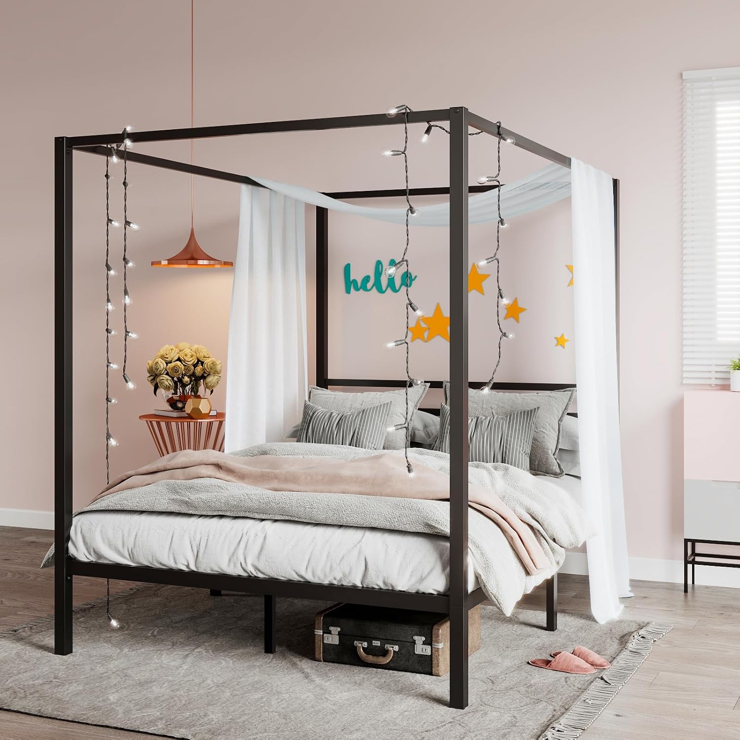 SHA CERLIN Canopy Bed Frame Full Size/Mattress Foundation with Metal Slats Support/No Box Spring Needed/Easy Assembly/Black