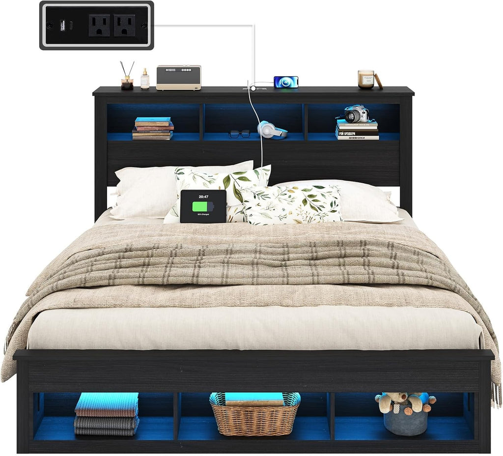 Albott Farmhouse King Size Bed Frame with Storage/Bookcase Headboard & Footboard, Wood Platform Bed with LED Lights/Charging Station, Heavy-Duty Metal Support/No Box Spring Needed/Noise-Free, Black