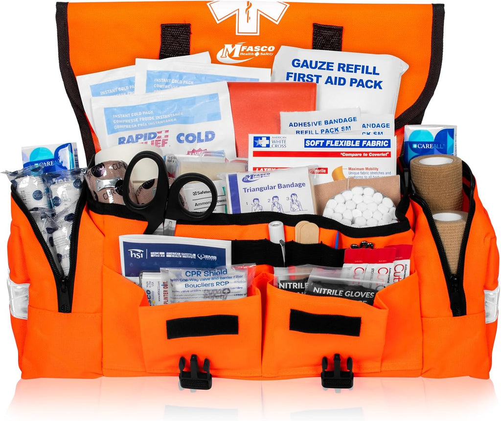 MFASCO Sports First Aid Kit Bag – 326-Piece Athletic Medical Kit in Orange EMT Bag, Coach's First Aid Kit for Youth Sports, Soccer, Football, Emergency Sports Kit Supplies for Athlete Sports Injuries
