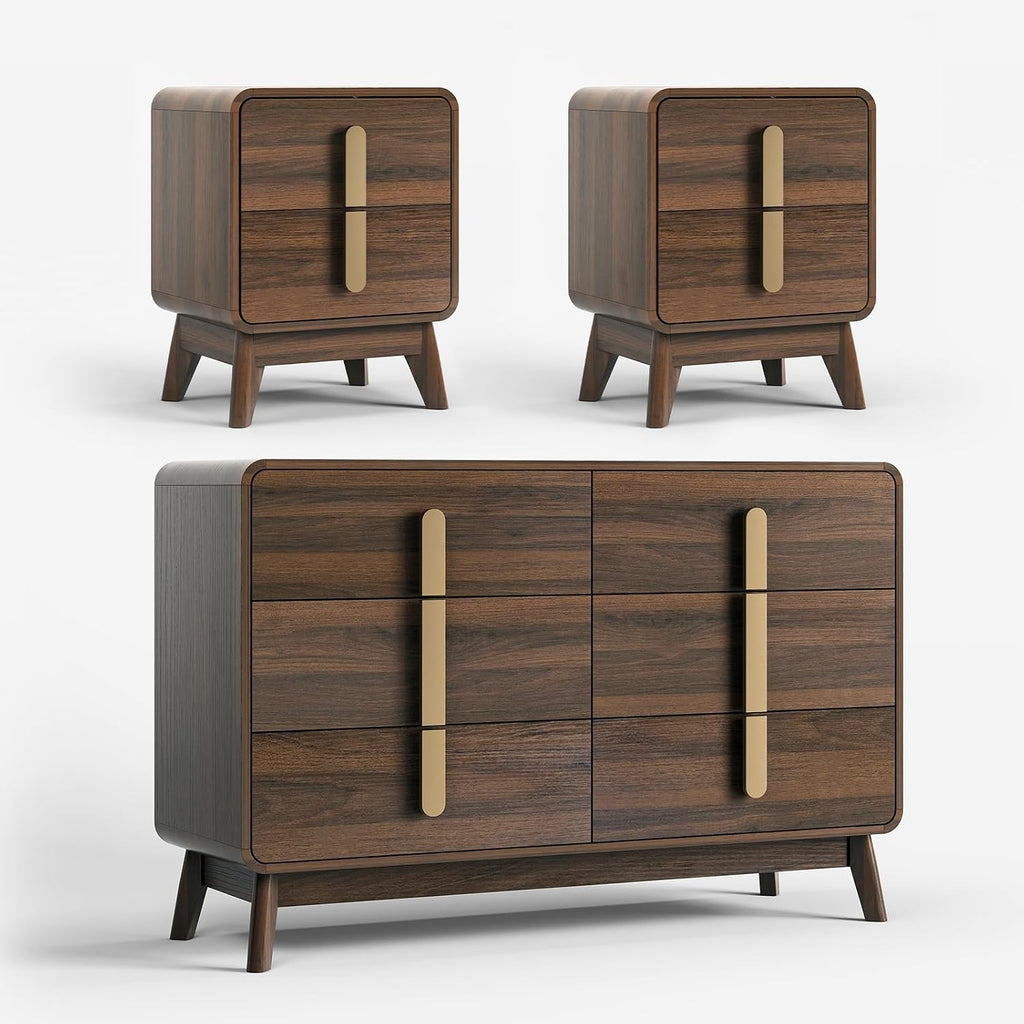 JOINICE Mid Century Modern Bedroom Set, 6 Drawer Dresser and Nightstand Sets for Bedroom, Night Stand Set 2 & 6 Drawer Dresser with Gold Handles, Wood Chest of Drawers Storage Cabinet Set, Walnut
