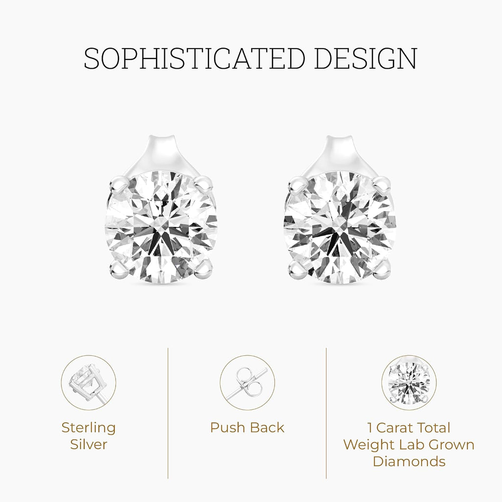 Gilded Lab-Grown Diamond Stud Earrings | 925 Sterling Silver Studs and 14KT Gold 925 Plated Silver | Hypoallergenic Fine Jewelry | 4-Prong Basket, Push Back Nut | Round Cut, SI1 Clarity, F Color | 1/10,1/5,1/4,1/3,3/8,1/2,3/4,7/8,1,1 1/2 ct tw