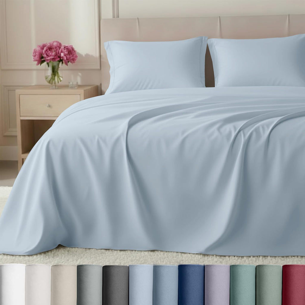 California Design Den King Sheet Set - Luxury 800 Thread Count Sateen, Natural 100% Cotton King Size Sheets Deep Pocket Set for a Snug Fit, Durable Bedding - Blue (Grey Tone)