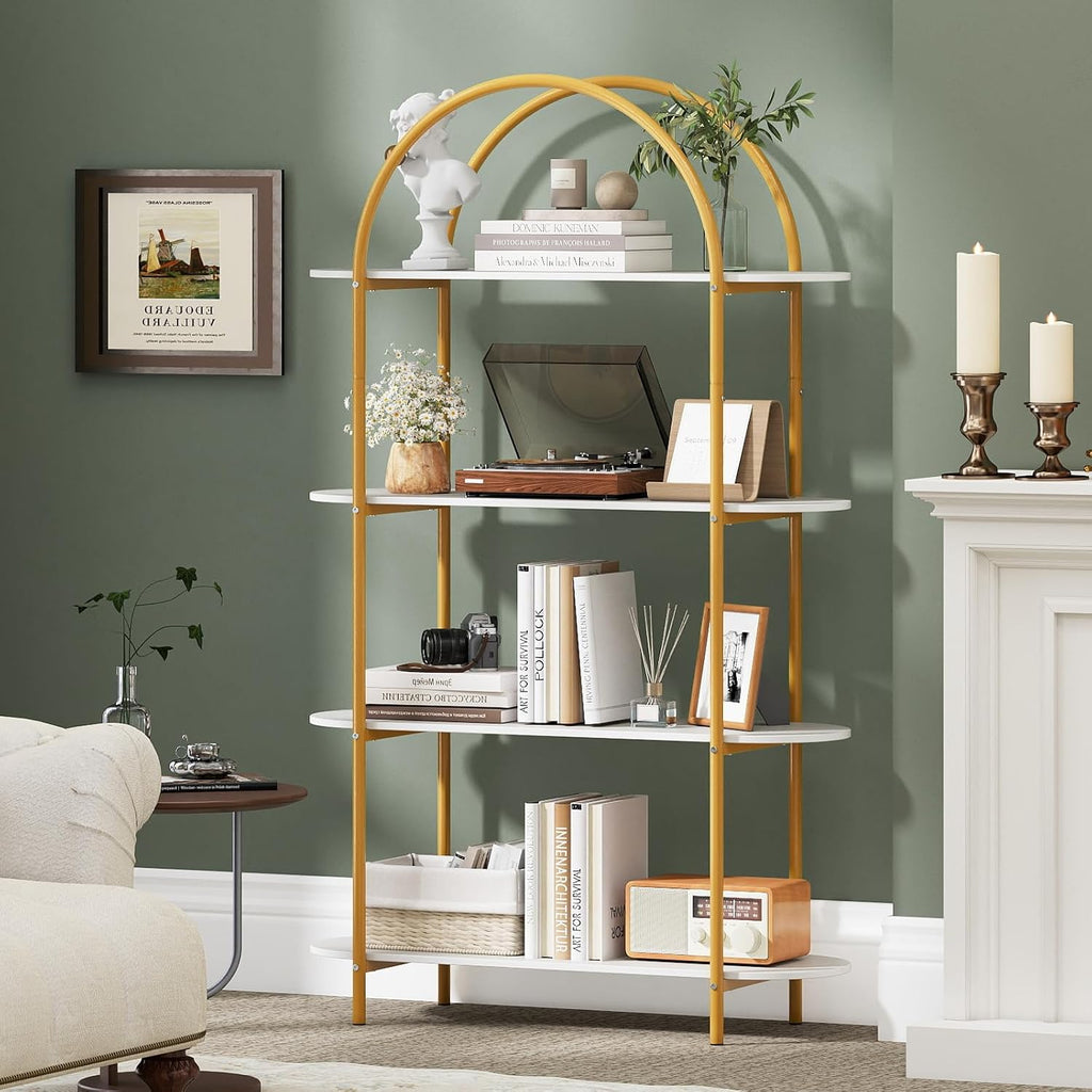 Giantex Arched Bookshelf Set of 2, 4-Tier Modern Open Bookcase with Sturdy Metal Frame, Freestanding Display Storage Organizer for Living Room, Home Office and Bedroom, Gold & White