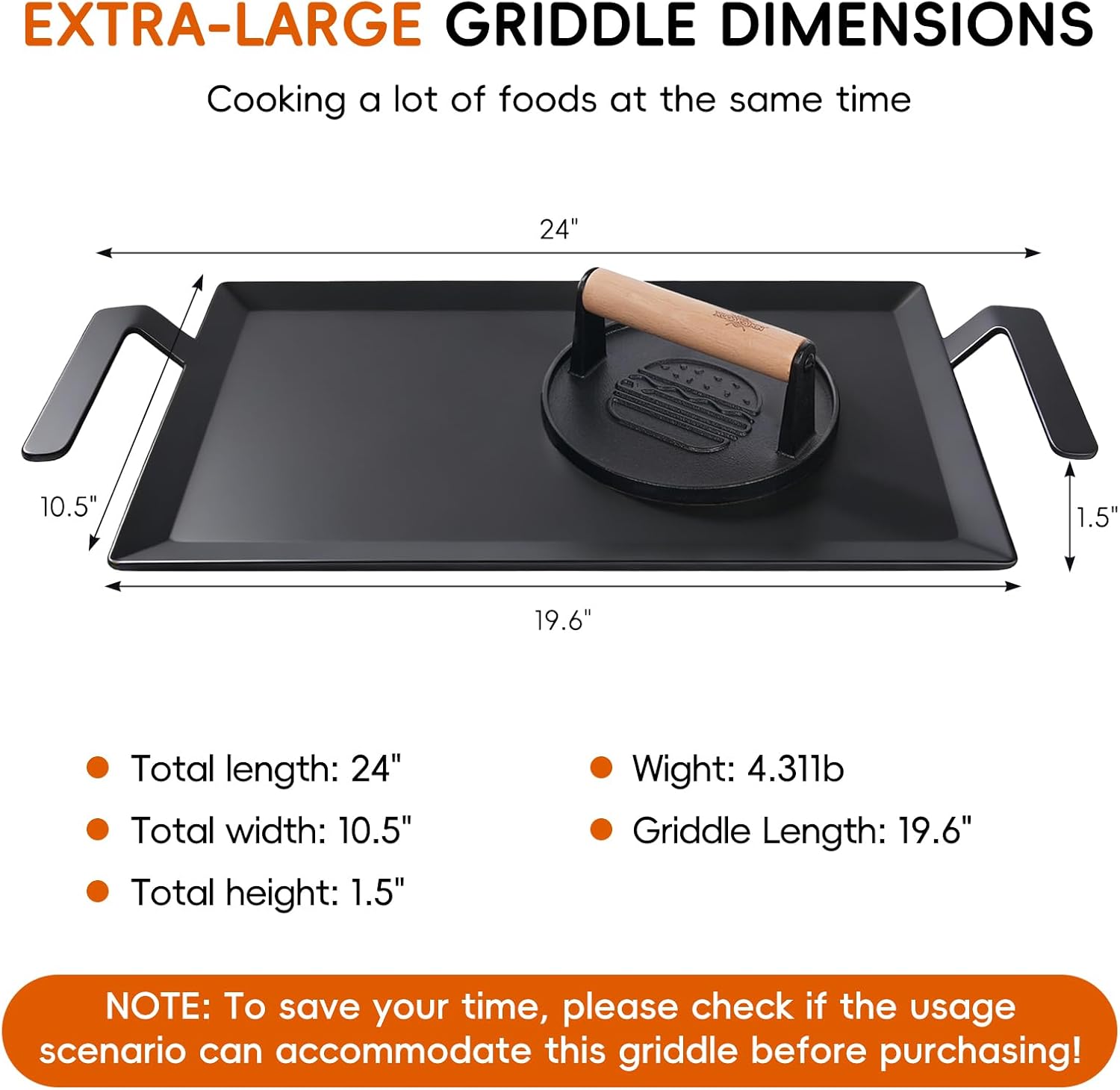 XUDAKAIXIN Carbon Steel Griddle + Grill Press | Professional-Grade Seasoned Cookware | Induction, Gas & Oven Compatible (Up to 1200°F) | Long-Lasting & Durable
