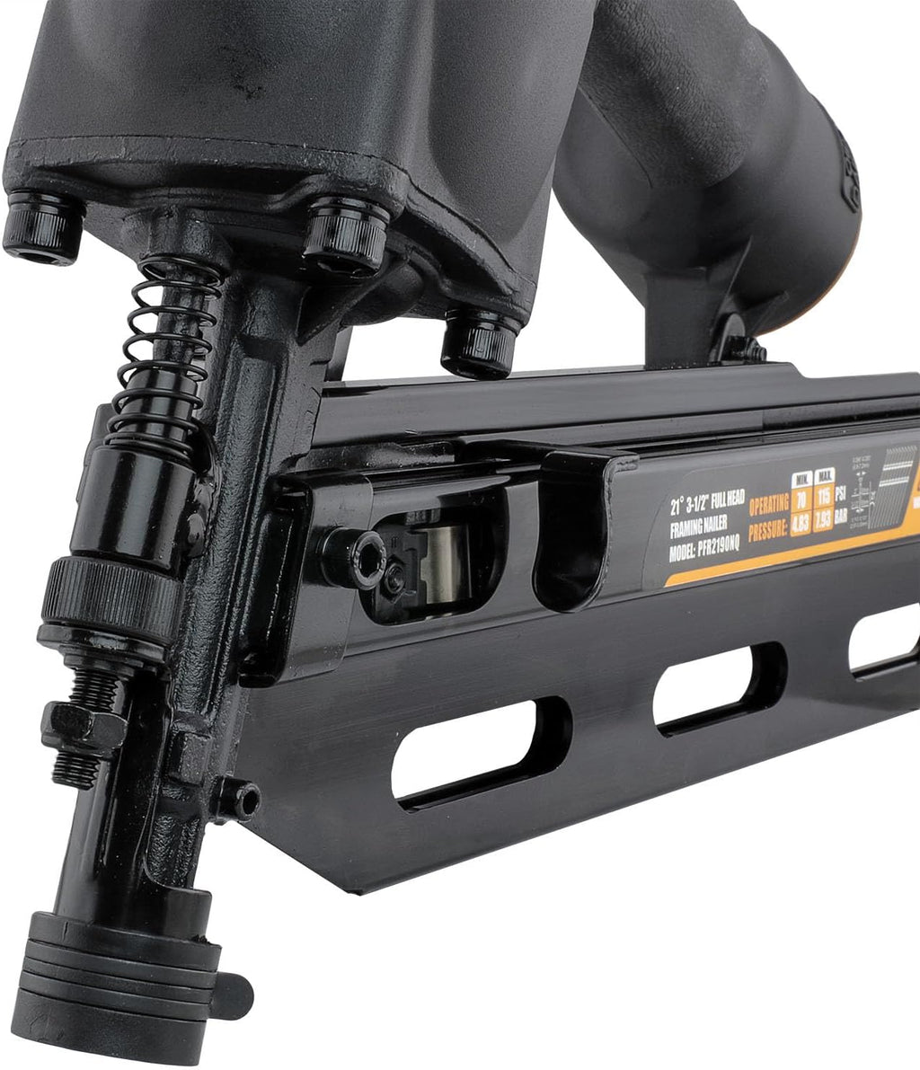 Freeman Pneumatic 21 Degree Framing Nailer with Nails | 2' – 3-1/2' Full Round Head Nails | Anti-Dry-Fire, Dual Trigger, Depth Adjust, and Comfort Grip | PFR2190NQ