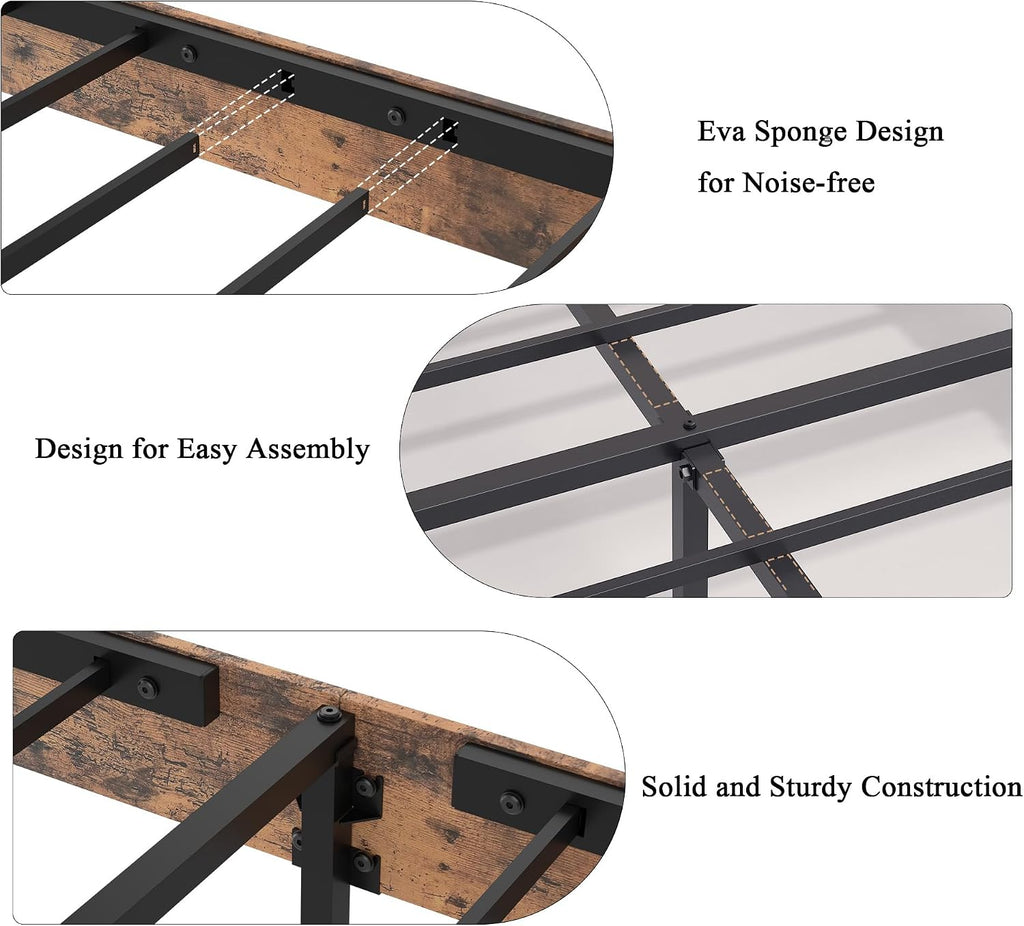 Farmhouse Wooden Bed Frame Queen Size with Storage Headboard, Boho Platform Bedframe with LED Lights and Charging Station, Metal Slats Support, No Box Spring Needed, Brown