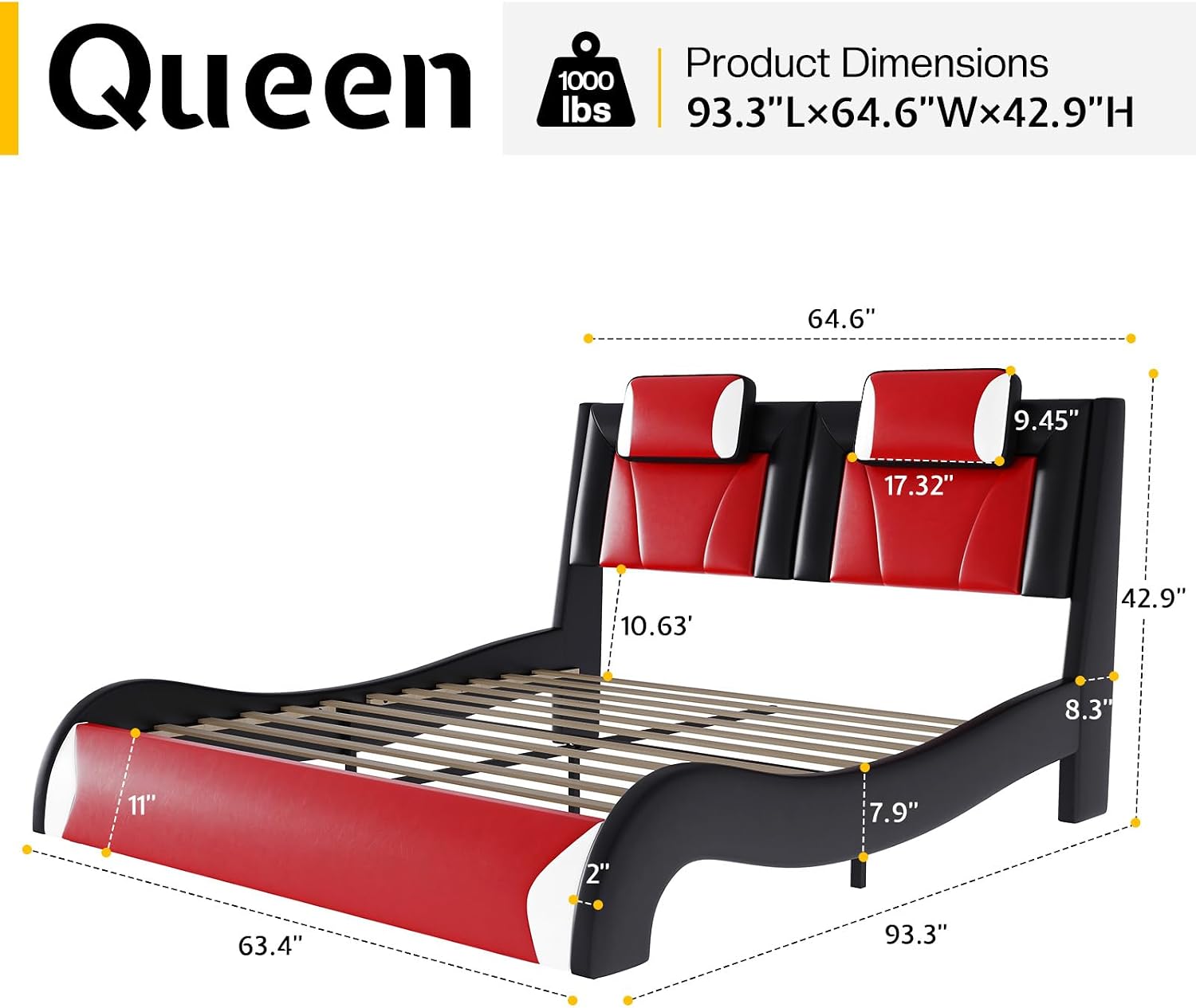 Jocisland LED Queen Bed Frame, Modern Faux Leather Upholstered Bed Frames with Headrest Headboard, Low Profile Beds with Wave-Like Curve Design, No Box Spring Needed, Easy Assembly, Red