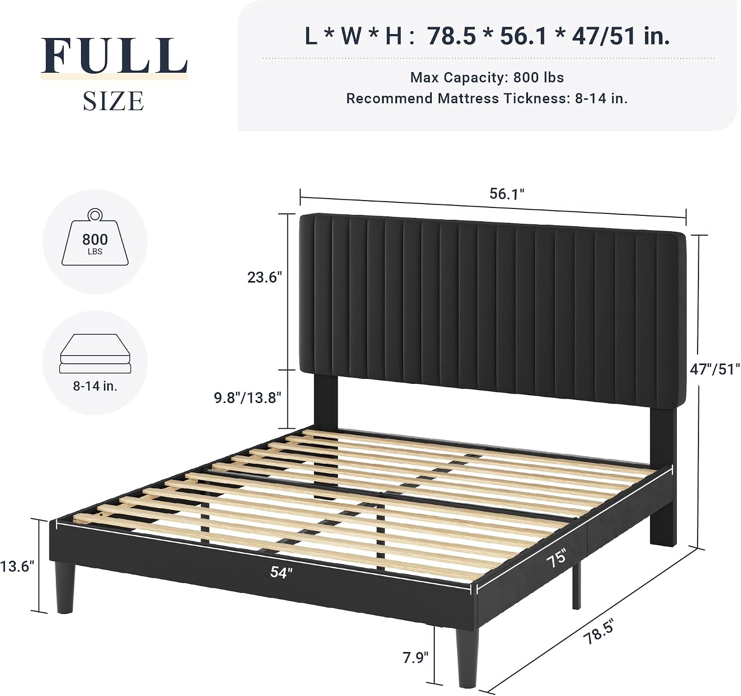 Allewie Full Bed Frame, Velvet Upholstered Platform Bed with Vertical Channel Tufted Headboard, Mattress Foundation with Strong Wooden Slats, Box Spring Optional, Easy Assembly, Black