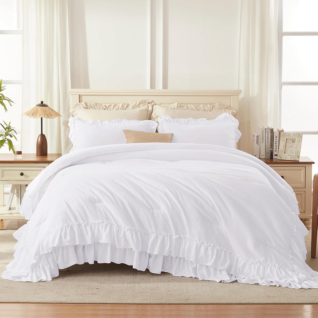 Andency Super King Plus Ruffle Comforter Set 128x120, 3 Pieces Farmhouse Shabby Chic Bedding Set, Soft Lightweight Oversized California King Comforter Set (1 Comforter 2 Pillowcases), White