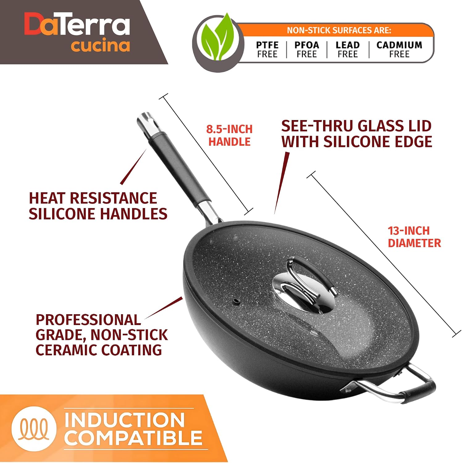 DaTerra Cucina - 13' Nonstick Ceramic Wok with Lid - Made in Italy - High Heat Resistant Nonstick Cookware - Oven & Induction Safe, PTFE, Cadmium, Lead & PFOA free - Volcanic Black Speckled