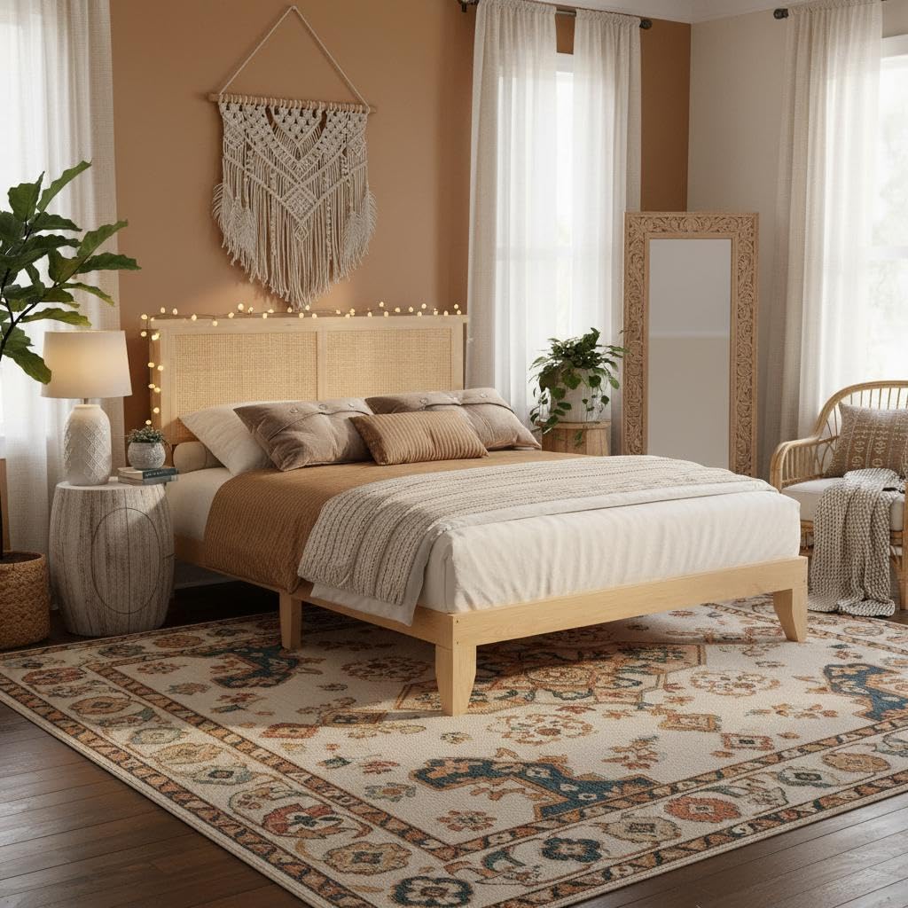 coucheta King Size Rattan Bed Frame,Bohemian Rattan King Bed Frame with Natural Headboard, LED Lights,Solid Wood Foundation with Silent Slats,No Box Spring Needed (King)