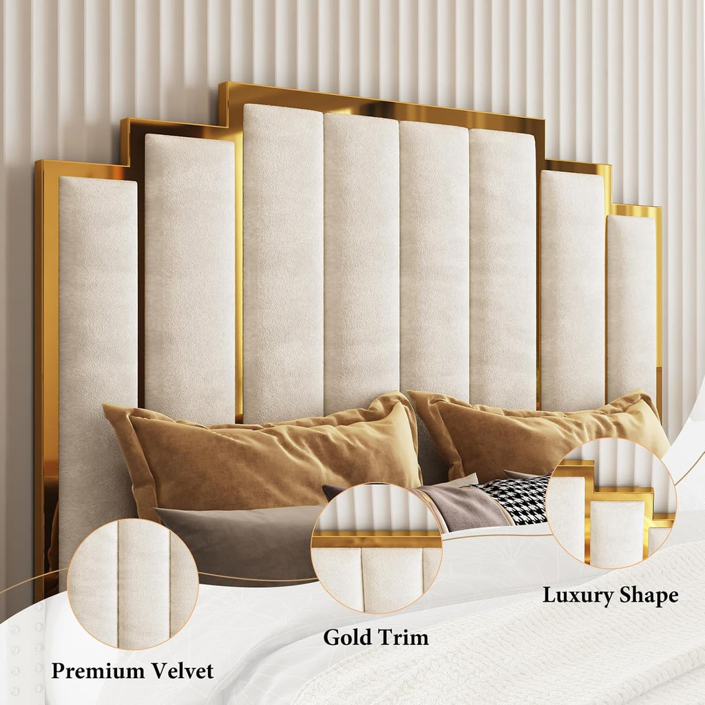 AMERLIFE Queen Size Upholstered Bed, Modern Velvet Bed Frame with 61.4' Tall Gold Trim Headboard, No Box Spring Needed, Cream