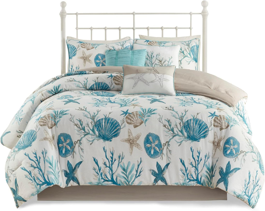 Madison Park Pebble Beach 100% Cotton Comforter Set - Coastal Coral, Starfish Design All Season Down Alternative Cozy Bedding with Matching Shams, Decorative Pillow, Queen(90'x90') Aqua 7 Piece