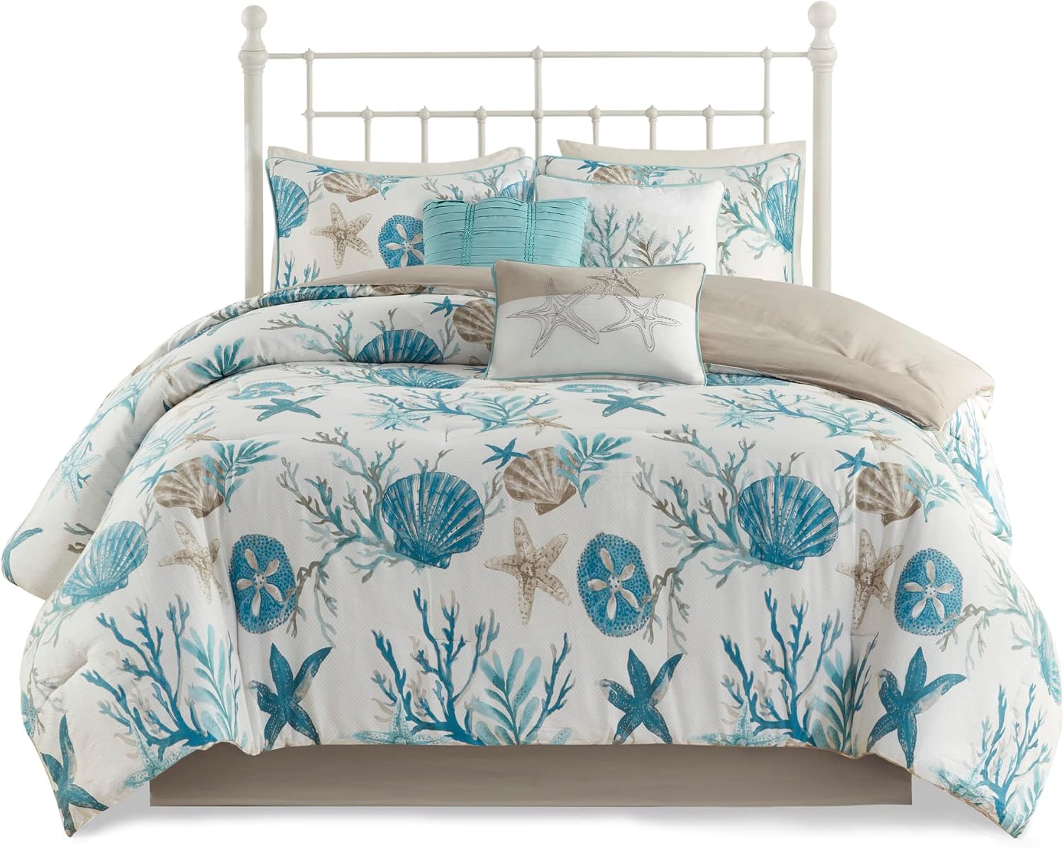 Madison Park Pebble Beach 100% Cotton Comforter Set - Coastal Coral, Starfish Design All Season Down Alternative Cozy Bedding with Matching Shams, Decorative Pillow, Queen(90'x90') Aqua 7 Piece
