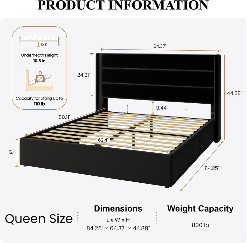 SHA CERLIN Queen Size Lift Up Storage Bed/Velvet Upholstered/Modern Wingback Headboard/Upholstered Platform Bed Frame/Hydraulic Storage/No Box Spring Needed/Black