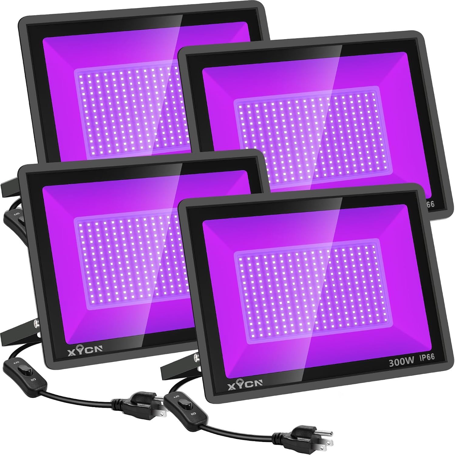 XYCN 4 Pack 300W LED Flood Black Lights,395nm to 405nm UV Outdoor Flood High Power Blacklight Light with Plug in, IP66 Waterproof Large Black Light Spotlight for Glow Party Large Space, Halloween