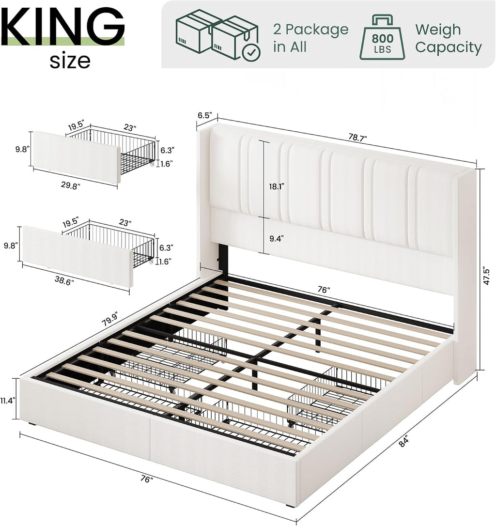 LARMACE King Size Bed Frame with 4 Storage Drawers and Wingback Headboard Linen Upholstered Platform Bed Frame with Wooden Slats, Easy Assembly, White