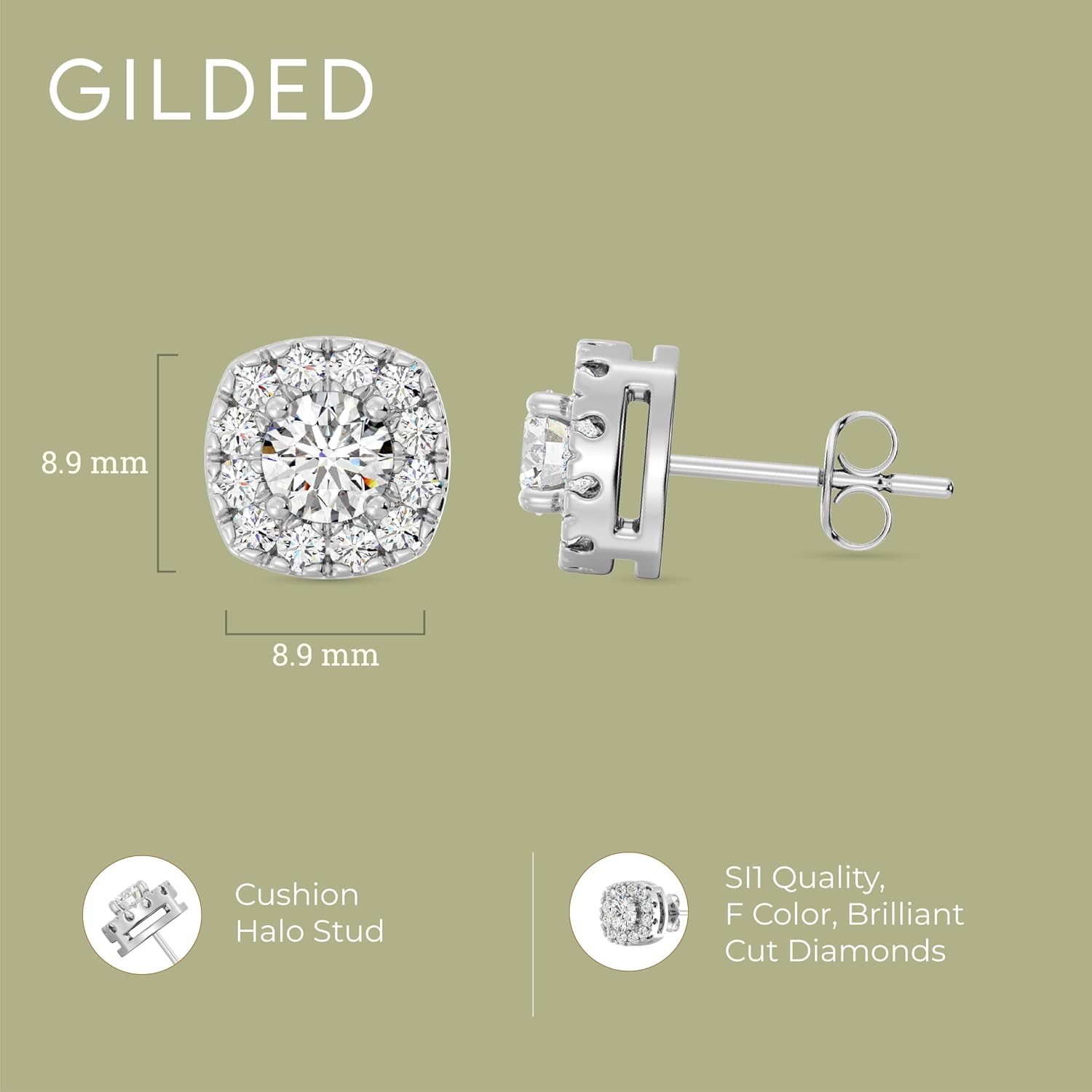 Gilded Lab-Grown Diamond Stud Earrings Sterling Silver and 14KT Yellow Gold Plated Silver| Cushion Halo Shaped Studs | Hypoallergenic Fine Jewelry | Prong Setting, Push Back Nut | SI1 Clarity, F Color 1/4, 1/2, ,1 ct tw