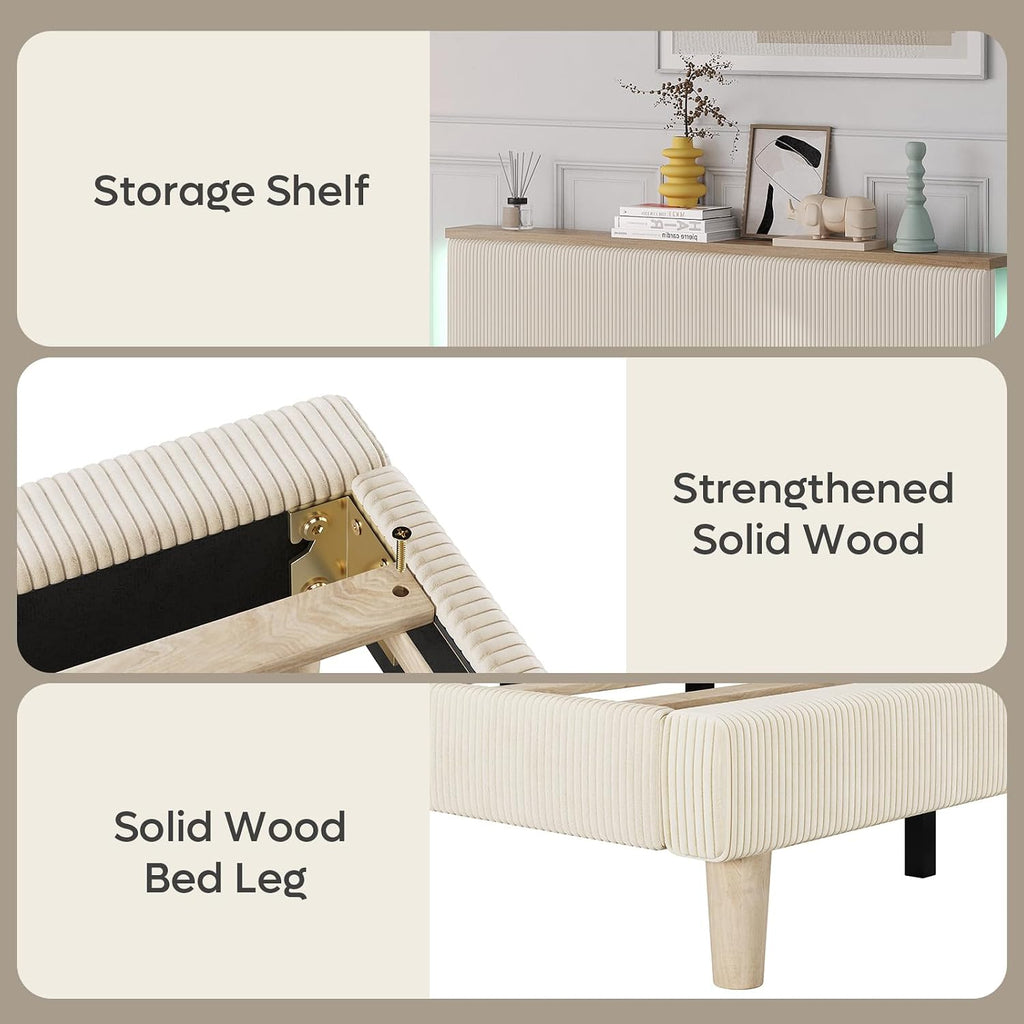 Bestier Full Bed Frame with Adjustable Headboard & LEDLighting, Corduroy Upholstered Platform Bed Frame withStorage Shelf, Solid Wood Slats, No Box Spring Needed,Never Squeak, Easy Assembly, Beige