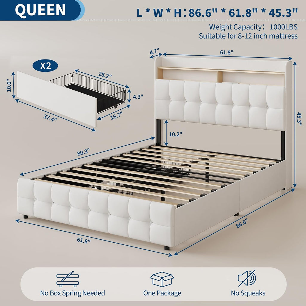 Garvee Queen Size Bed Frame with 2 Storage Drawers, Upholstered Bed Frame Queen with LED Light, Double-Layer Bedside Headboard with Charging Socket and USB Port, Soft Plush Fabric, White