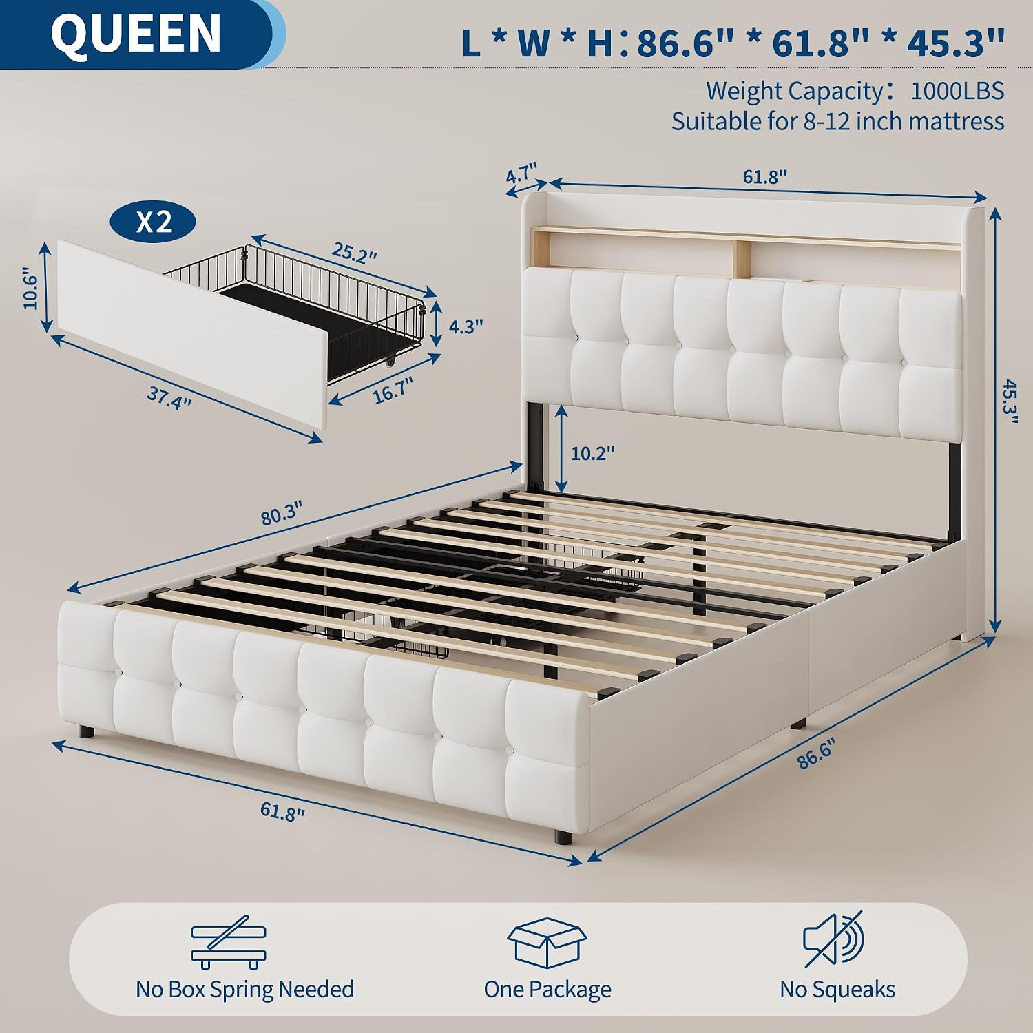Garvee Queen Size Bed Frame with 2 Storage Drawers, Upholstered Bed Frame Queen with LED Light, Double-Layer Bedside Headboard with Charging Socket and USB Port, Soft Plush Fabric, White