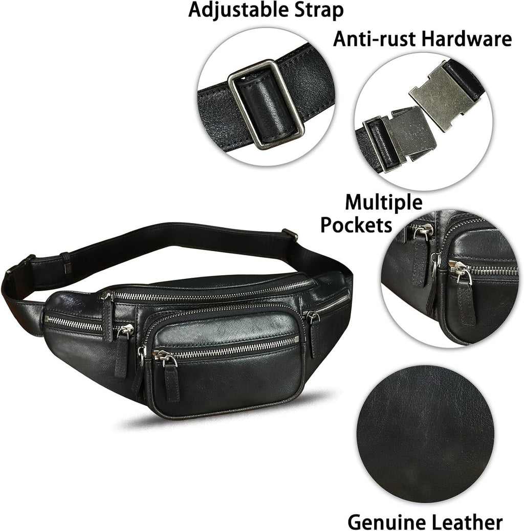 Genuine Leather Fanny Packs for Women and Men Waist Bag Vintage Hip Bum Bag Over Shoulder Crossbody Sling Bag (Black)
