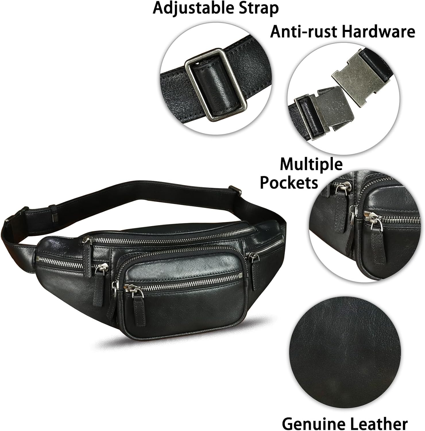 Genuine Leather Fanny Packs for Women and Men Waist Bag Vintage Hip Bum Bag Over Shoulder Crossbody Sling Bag (Black)