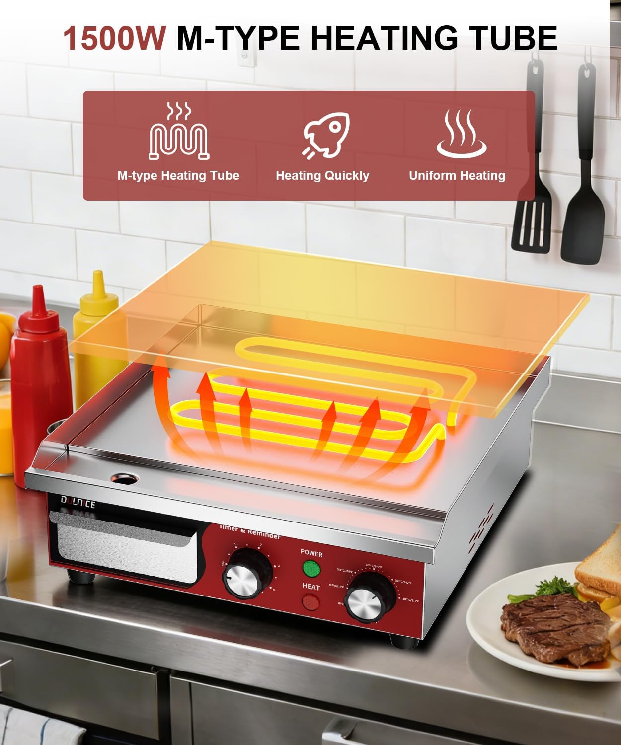 Commercial Electric Griddle 14', 1500W Electric Flat Top Grill with 5 Minute Reminder Timer, 122~572℉Adjustable Temperature Control, Stainless Steel Griddle Grill for Restaurant Kitchen