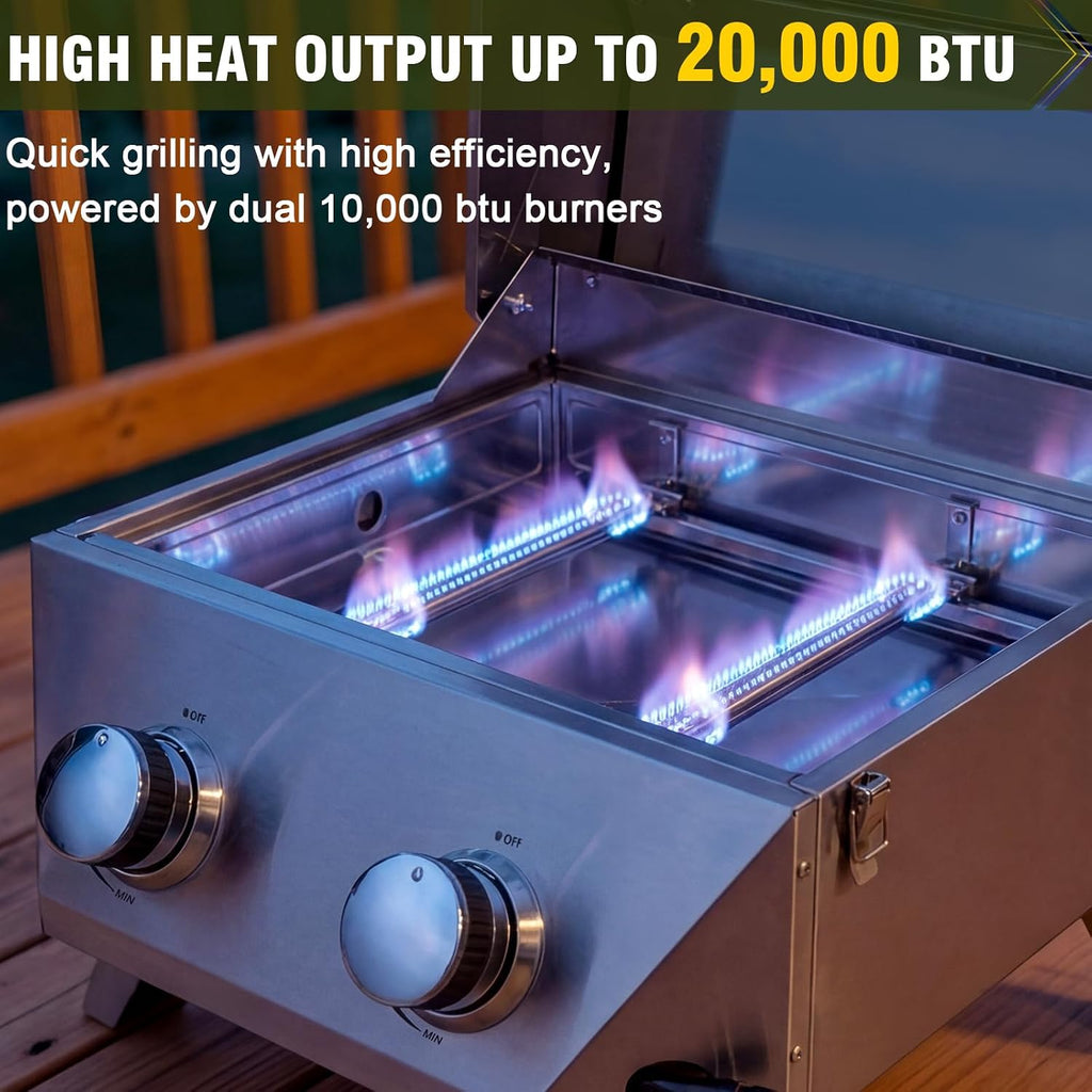 Bestfire 2-Burner Tabletop Gas Grill with Viewing Glass Lid, 20,000 BTU Stainless Steel Portable Propane BBQ Grill, Built-in Thermometer & Push-Button Ignition, for Outdoor Camping, RV, Tailgating